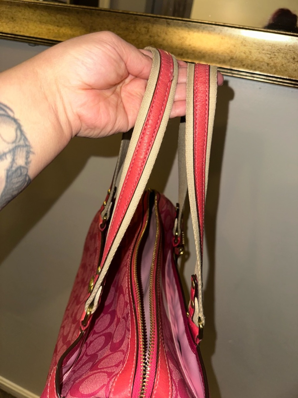 Coach Pink Signature Stripe Satchel with Cream Accents - Picture 5 of 8